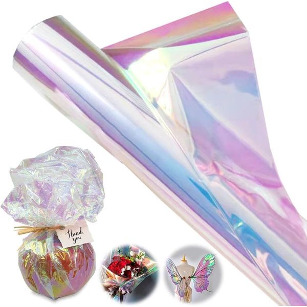 Color Cellophane Film Sheet,BetterJonny 15mX40cm Cellophane Sheet 1.8mm Thickness Wrapping Paper Wrapping Roll Rainbow Cellophane Gift Basket Flower Wrapping Paper Hologram Cellophane for Cellophane