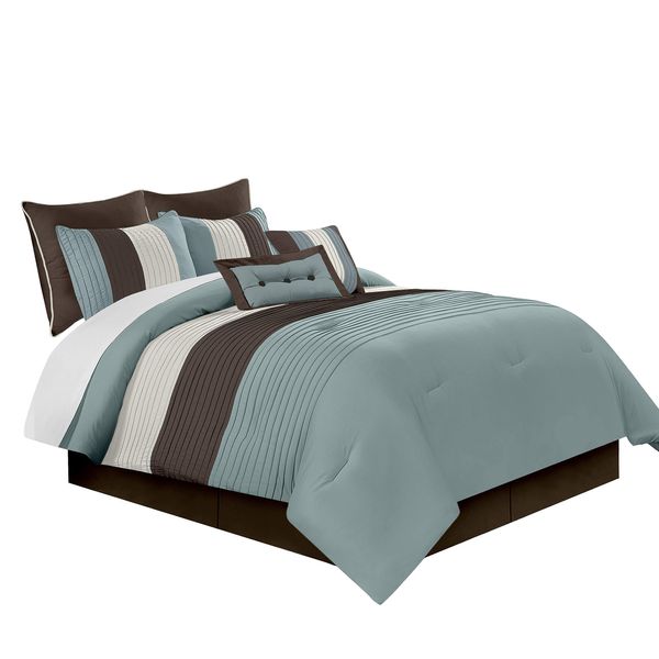 Chezmoi Collection 8-Piece Luxury Striped Comforter Set (Blue/Brown/Beige, California King)