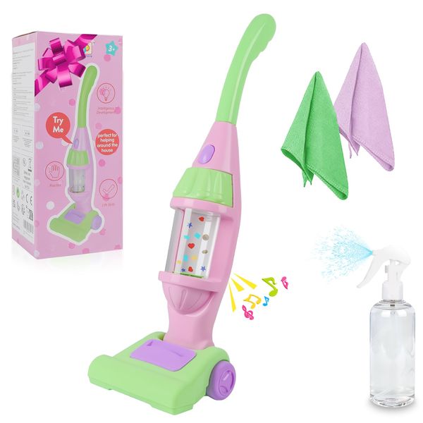 Kids Vacuum Cleaner Toy, Toy Vacuum Cleaner for Toddlers with Light & Sounds Effects & Whirling Stars, Pretend Play Household Housekeeping Cleaning Play Set Learning Toy for Kids Girls Boys Toy, Pink