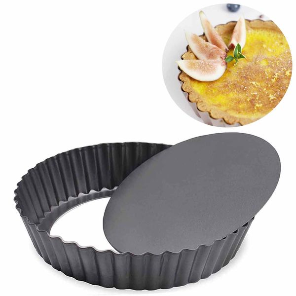 DDSHUN 8 inch Quiche Pan Round Fluted Tart Tin Flan Dish Removable Loose Bottom Non-Stick Pie Dish Quiche Pans Fruit Cake Mould Round Fruit Cake Mould for Pizza, Pie, Flans