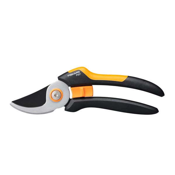 Fiskars Bypass Garden Pruners M, Solid, P321, For fresh branches and twigs, Non-stick coated, Stainless steel blades, Length: 20.1 cm, Black/Orange, 1057162