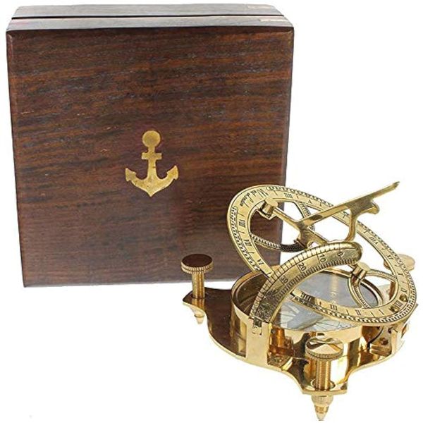 Captain Brass Sundial Compass with Hardwood Wooden Box 4'' Pirate Sundial Compass Nautical Decorative Sailor Navigation Compass Antique Collectible Creative Vintage Gift