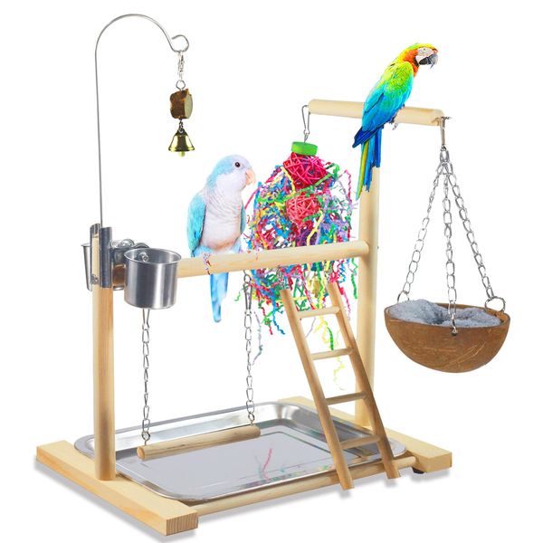 Bird Toys Parrot Wooden Platform Standing Playground,Bird Perch Ladder Hanging Swinging Chewing Sports Toys, Bird Stand Fun Straw Bell Toys, Bird Game Table with Feeder