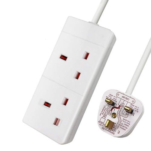 ExtraStar 2 Way Extension Lead, 13A Fused UK Plug Adapter, 2 Metre Extension Cable Power Strip - White