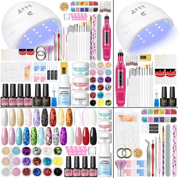 Acrylic Nail Kit with Everything 3PCs Acrylic Powder 4PCs Gel Nail Polish with Drill and U V Light 18PCs Glitter Powders Nail Kit Acrylic Set for Beginner DIY Home Salon