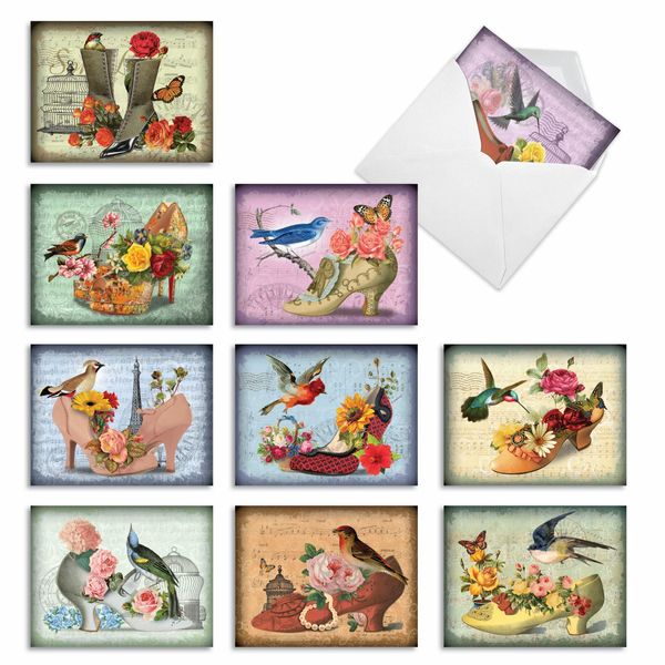 The Best Card Company - 10 Blank Note Cards for Women (4 x 5.12 Inch) - Assorted Fashion Greeting Cards for All Occasions - Fancy Footwork M2347OCB