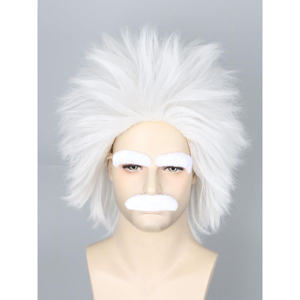 LeMarnia Mens White Short Curly Wig and Beard Mad Scientist Wig Halloween Costume Cosplay Wig