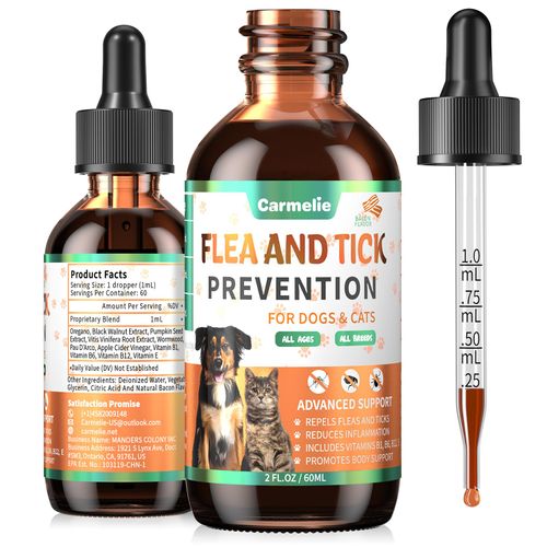 Oral Flea and Tick Support for Dogs and Cats, Natural Dog Flea and Tick Defense, Cat Flea Drops Supplements with Vitamin for Pets - All Breeds and Ages - Bacon