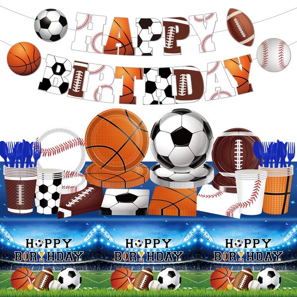 SJJPDYY Sports Birthday Party Decorations, 162Pcs Sports Theme Party Plates and Napkins Baseball Football Soccer Basketball Disposable Tableware Serves 20 Guests for Birthday Party