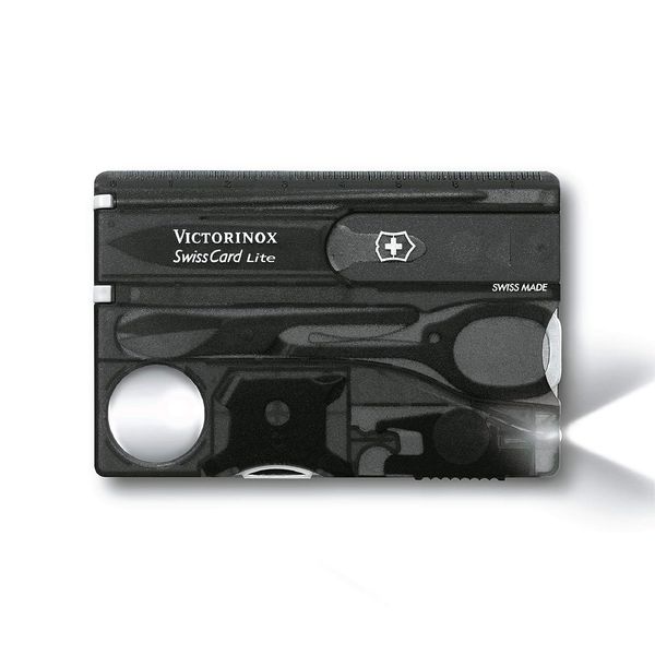 Victorinox Swiss Card Lite, Swiss Made Pocket Tool, 13 Functions, LED, Magnifier, Black Transparent, One Size, (0.7333.T3)