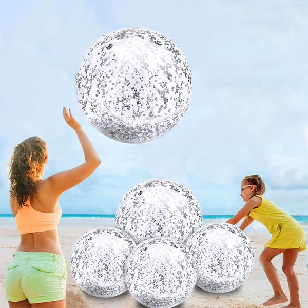 TURNMEON 5 Pack Sequins Beach Balls Pool Toys Balls 16 Inch 24 Inch Confetti Glitters Inflatable Clear Beach Ball Swimming Pool Water Beach Toys Summer Outdoor Party Favors for Kids Adults