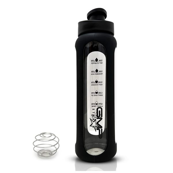 GMP star Sports Borosilicate Glass Water Bottle for Hot and Cold with Black Silicone Sleeve and Protein Shaker Whisk 600ml UK Company