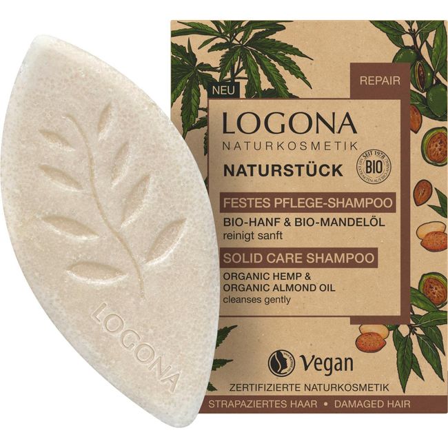 LOGONA Naturkosmetik Festes Haarshampoo für gepflegtes und natürlich gesundes Haar, Shampoo Bar mit veganer Formel aus Bio Hanf und Bio Mandelöl, Plastikfrei, Wie Haarseife, 1 x 60 g