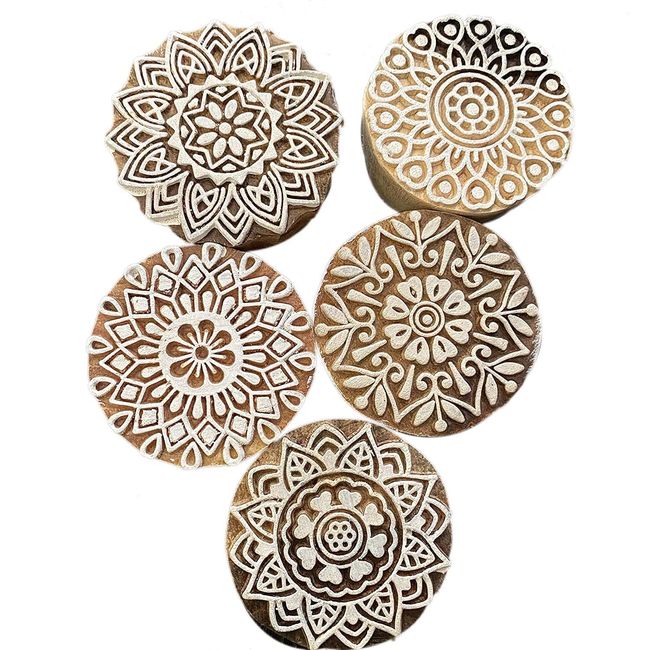 AnNafi® Traditional Mehendi Pattern Mandala and Round Wood Block Stamps (Set of 5) | Round Wooden Printing Block Stamp - DIY Henna Fabric Textile Paper Clay Pottery Block Printing Stamp