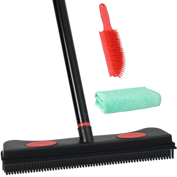 Tiumso Rubber Broom for Carpet, Pet Hair Removal Broom with Squeegee for Floo...