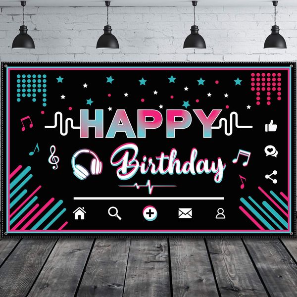 Music Happy Birthday Party Backdrop Musical Social Media Birthday Party Supplies Social Media Photography Background Large Fabric Banner for Teens, 73 x 43 Inches