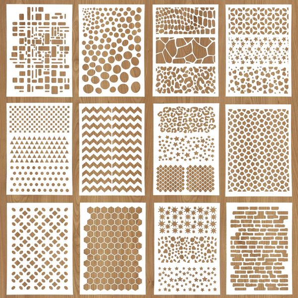 Wakihong 12 PCS Craft Stencils Templates Reusable Geometric Painting Stencils Set for Furniture Wall Home Decor DIY Scrapbooking,Gift Card Journaling Spraying