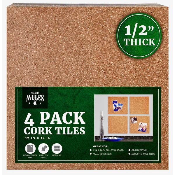 Classic Mules Wall Cork Tiles - 4 Pack Square 12" x 12" | 1/2" Thick Cork Boards with Ultra Strong Self Adhesive Backing | Premium Natural Cork for a Bulletin Board, Display or Pin Organizer