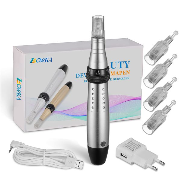 BOWKA Electric Derma Pen Microneedling Pen with 4 Pcs 12 Pins Needle Cartridge, Adjustable 0.25 mm - 2.0 mm Needle Length and 5 Speeds (Silver)