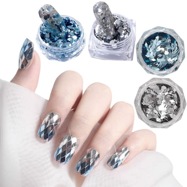 4 Boxes Nail Sequins,Nail Jewelry Laser Hexagonal Patch,Ocean Glitter for Cosmetic Holographic Nail Glitters for Acrylic Nail Flakes for Resin(Blue &Silver Rhombus &Hexagon)(C)