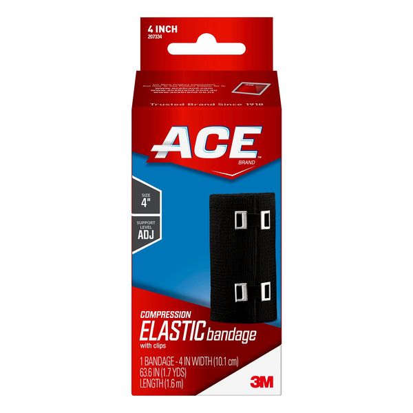 ACE 4 Inch Elastic Bandage with with Clips, Black, Great for Leg, Shoulder and More, 1 Count