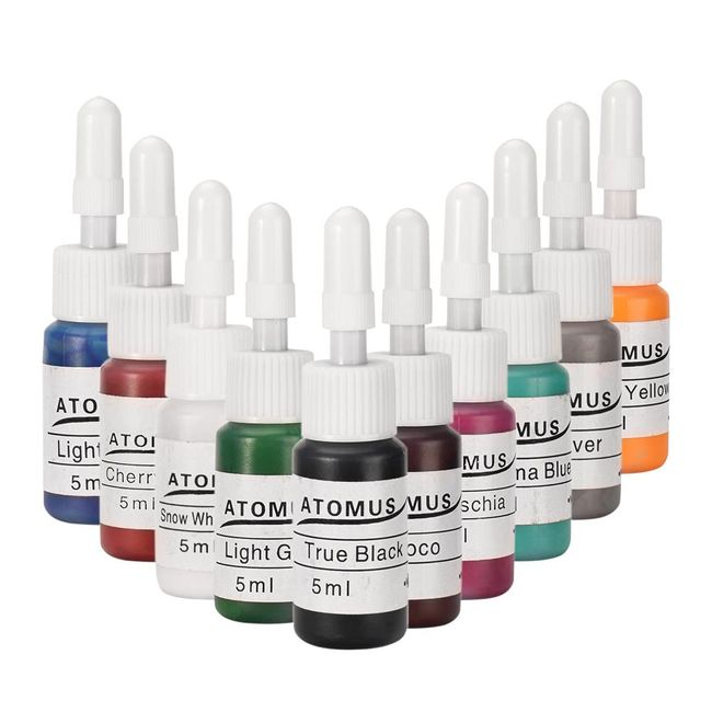 ATOMUS Tattoo Inks Set, 10 Colors 1/6oz (5ml) Complete Tattoo Pigment Kit for Body Tattoo Practice Tattoo Supply Kit