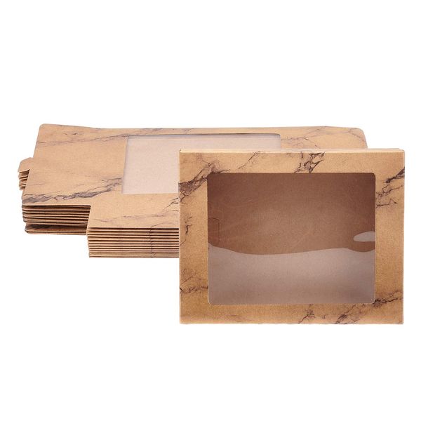 BENECREAT 15 Packs Marble Brown Kraft Paper Bakery Box with Clear PVC Window Pastry Gift Box(17.5x13.5x3.5cm) for Candy, Cookies and Other Handicrafts