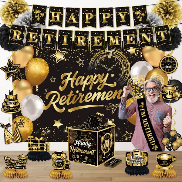 Happy Retirement Party Decorations for Men Women, Retirement Party Favors Well Wish and Advice Cards Banner Backdrop Honeycomb Centerpiece, Retirement Going Away Party Supplies(Black and Gold)