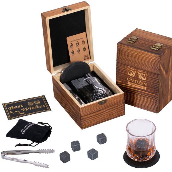 Whiskey Stones and Whisky Glass Gift Set for Men - 4 Whiskey Chilling Rocks - 1 Whiskey Scotch Bourbon Glass - Fathers Day Present for Him Boyfriend Dad Husband