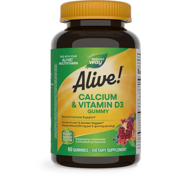 Nature's Way Alive! Daily Calcium & Vitamin D3 Gummies, Bone Support*, Immune Support*, Strawberry and Raspberry- Lemonade Flavored, 60 Gummies (Packaging May Vary)