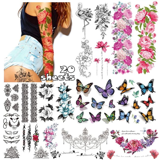 LEADTEAM 20 Blätter Fake Tattoos, Temporäre Tattoos 3D Rose Tattoo Schmetterling Arm Tattoo, Klebetattoos Erwachsene Tatoos Aufkleben Damen Fake Tattoos Frauen Tattoo Aufkleber Party Deko Geschenk