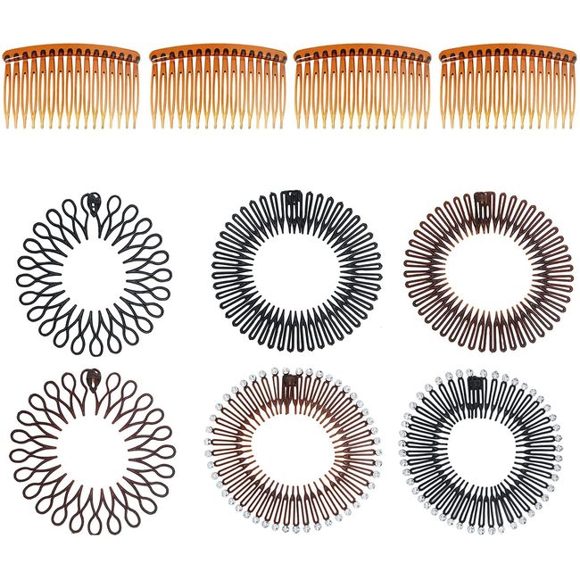 DOMINICK 10PCS Hair Side Comb Full Circle Stretch Flexible Comb Set,Fashion Classic Plastic Plain Hair Comb Slide Comb Elastic Headband Diamond Flexible Comb For Womne Wash Face Makeup