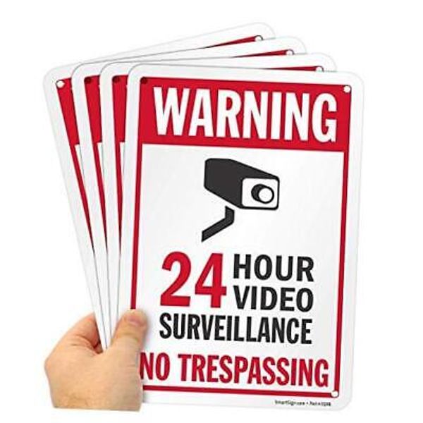 24 Hour Video Surveillance Sign, No Trespassing Aluminum 7" x 10" (Pack of 4)