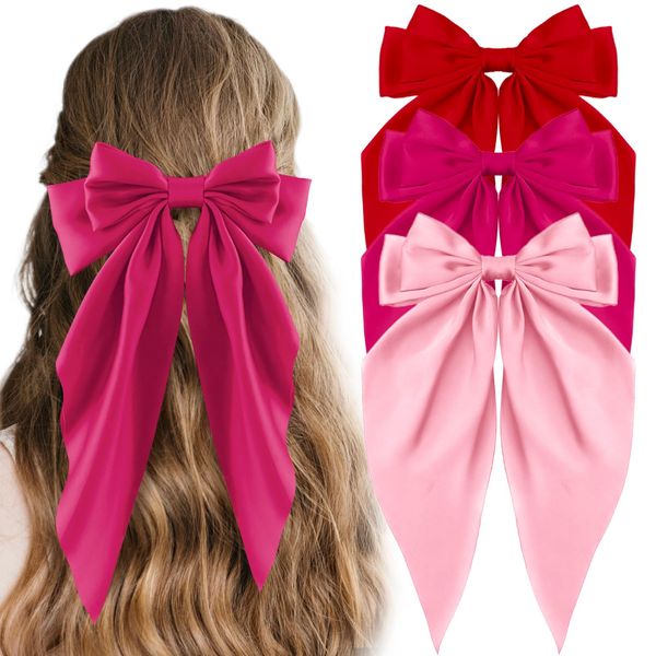 CAVETEE 3 Pcs Big Hair Bows for Women, Silky Satin Hair Bows Accessories Hair Ribbons Oversized Long Tail Hairbows Bow Hair Clips for Woman and Girls (Hot Pink/Pink/Red)