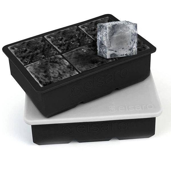 Eiswürfelform Silikon groß XXL Eiswürfel Form mit Deckel Eiswürfelbehälter 6-Fach 2er Pack Eiswürfelbereiter 5 cm ice cube tray für Bier Cocktails Whisky (Schwarz) Gute Qualität