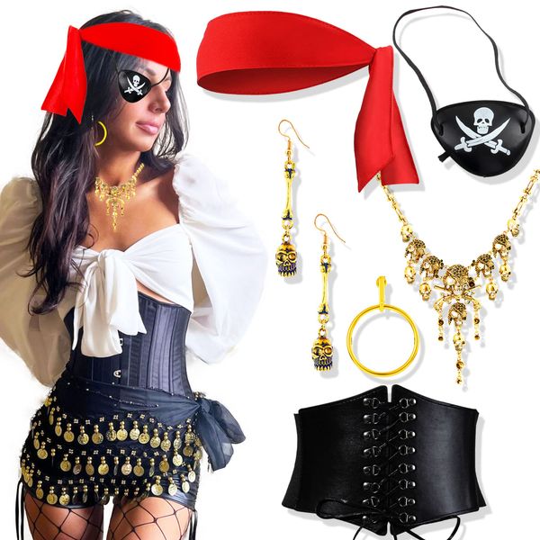 JeVenis Pirate Costume Accessories Set Pirate Headband Wrap Eye Patch Earring Necklace Waist Belt Captain Pirate Costume Carnival Music Festival Outfit