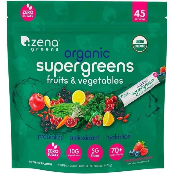 Zena Organics Supergreens, fruits and vegetables hydration 3.65 Ounce 45 sticks