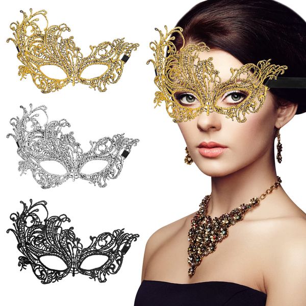 Sibba 3 Pieces Mascarade Masks Women Lace Venetian Eye Masked Lady Girl Masquerade Dress-Up Accessories Mask Ball Halloween Costume Fancy Carnival Party Evening Prom Silver Black Gold(Phoenix Style)