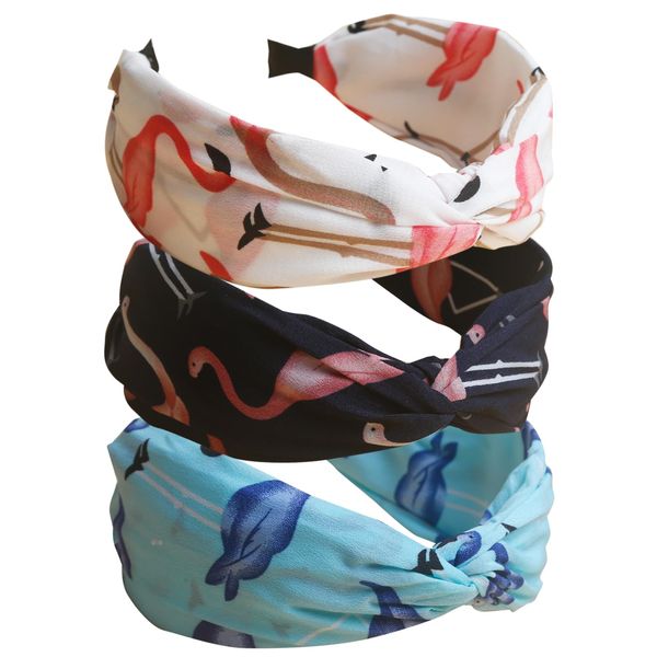 3Pcs Women Wide Headbands Non Slip Fabric Hairbands Elastic Twist Headband Wide Bow Knot Headwrap Alice Hair Bands for Women Uk (Flamingo headband)