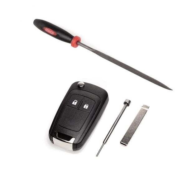 Bladeless Vauxhall style two button flip key case with pin removal tool and needle file for easy key repair