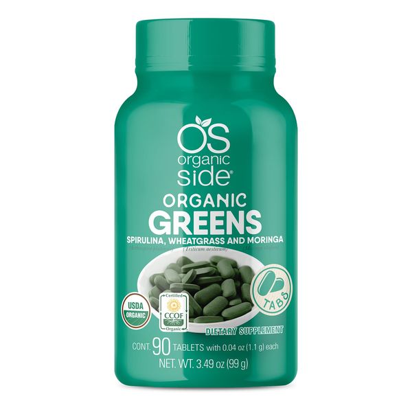 OS Organic Side - Organic Greens (Spirulina, Wheatgrass & Moringa) 90 Tablets - Rich in Vitamins and Minerals - Super Greens 1100 mg - Certified USDA - Non GMO - Vegan