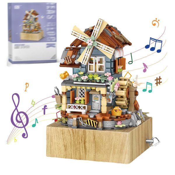 LUOGFYNI Music Box Building Blocks Set, Japanese Street View Windmill House, Farm House Scene Creative Model, Mini Bricks Construction Building Toy for Adults, Gifts for Adults