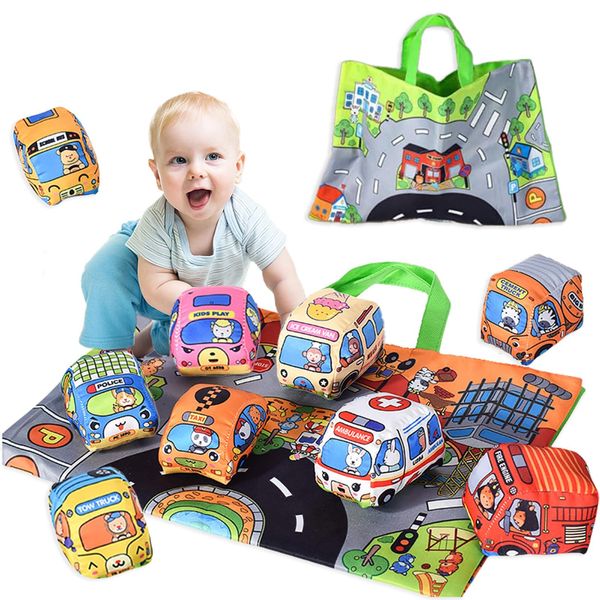 9PCS Soft Car Toys for 1-3 Year Old Boys and Girls, Infant Plush Car Toys with Playmat Map and Storage Bag, Ideal 1st Birthday Gifts for Toddler Boys Aged 6-18 Months