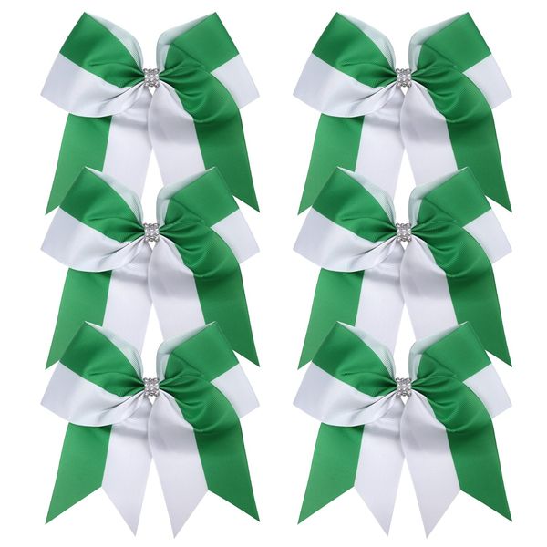 Cheerleader Bows 8 Inch Comb Color Ponytail Holder with Bling Fling Rhinestones Hair Tie Cheerleading Bows 6 Pcs (White/Green)