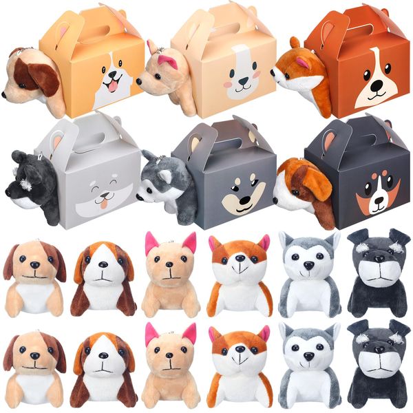 Fainne 12 Pcs Dog Party Favors Boxes with 12 Pcs Mini Plush Dog Set Puppy Treat Boxes Foldable Gift Boxes Puppy Theme Stuffed Animal for Birthday Dog Party Supplies Decoration