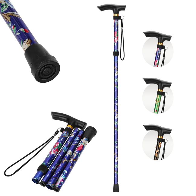 supregear Folding Cane for Women, Lightweight Walking Stick Floral Cane with Wrist Strap and T Handle, 5-Level Adjustable Height Travel Cane for Elderly Disabled Men Women Portable Cane, Slate Blue