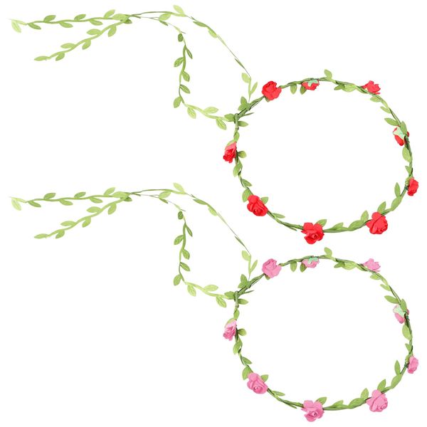 2 Pieces Flower Crowns Hair Garland Floral Hair Wreath Garland, Floral Wreath Boho Headpiece For Wedding Birthday Party Pink/Red