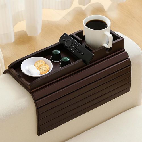 HNLISA Bamboo Couch Cup Holder Arm Tray Table，Foldable Couch Drink Holder Armrest Table，Sofa Arm Rest Tray，Flexible Arm Chair Table Recliners for Drink,Cups, Snacks, Phone, Remote (Mahogany)