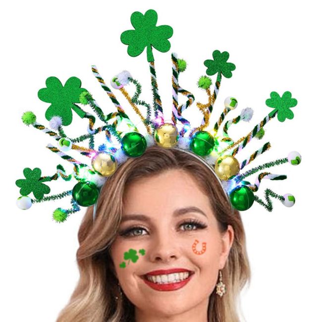 Fashey St Patricks Day Light Up Headband Led Green Shamrock Headbands Irish Day Hair Band Glitter Ball Headpiece Festival Rave Hair Accessories for Women and Girls