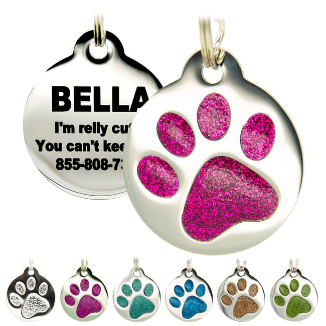 Engraved Pet Tag for Dogs & Cats - Personalized with 4 Lines of Custom Engraved ID, Round Paw Print Stainless Steel Enameled Deep Pink Regular